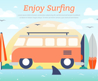 Hippie Bus Surfing Vector Background