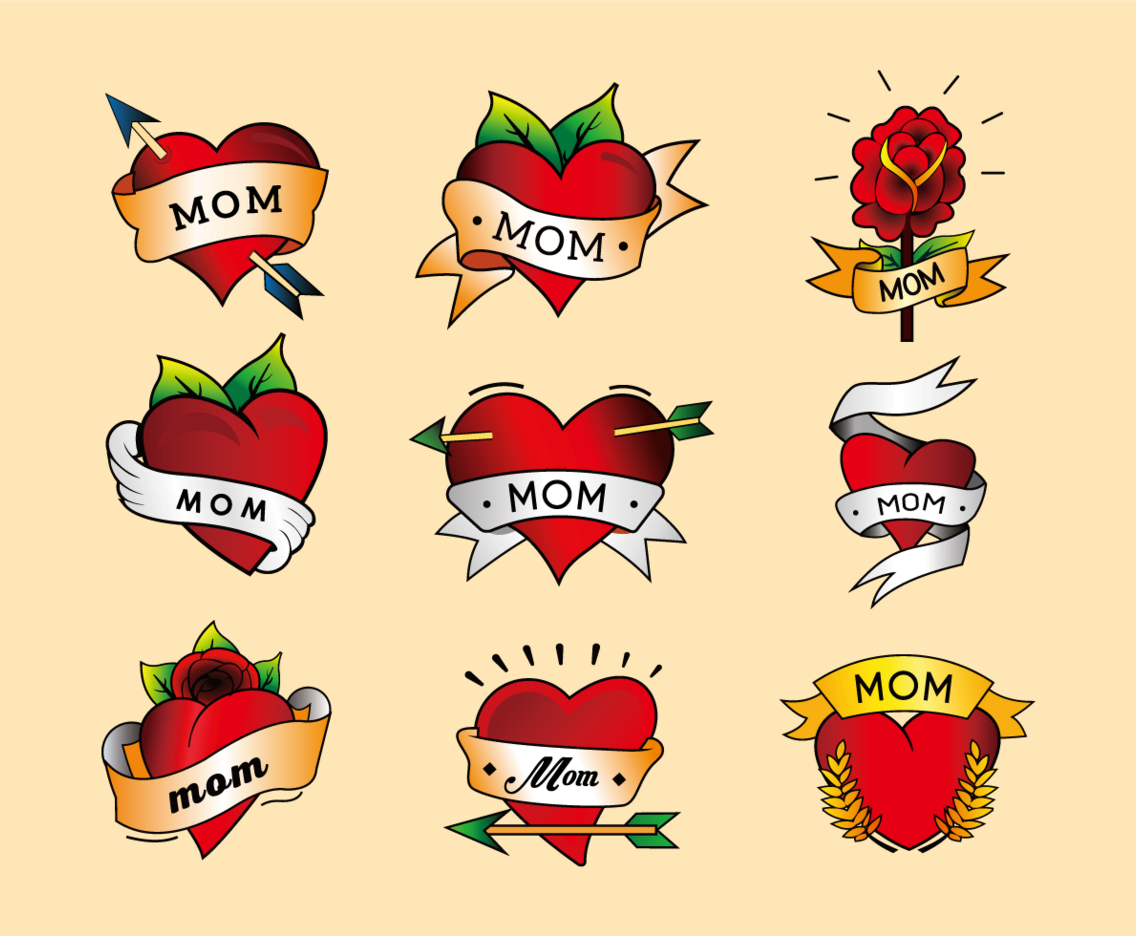 Mom tattoo heart color vertor pack