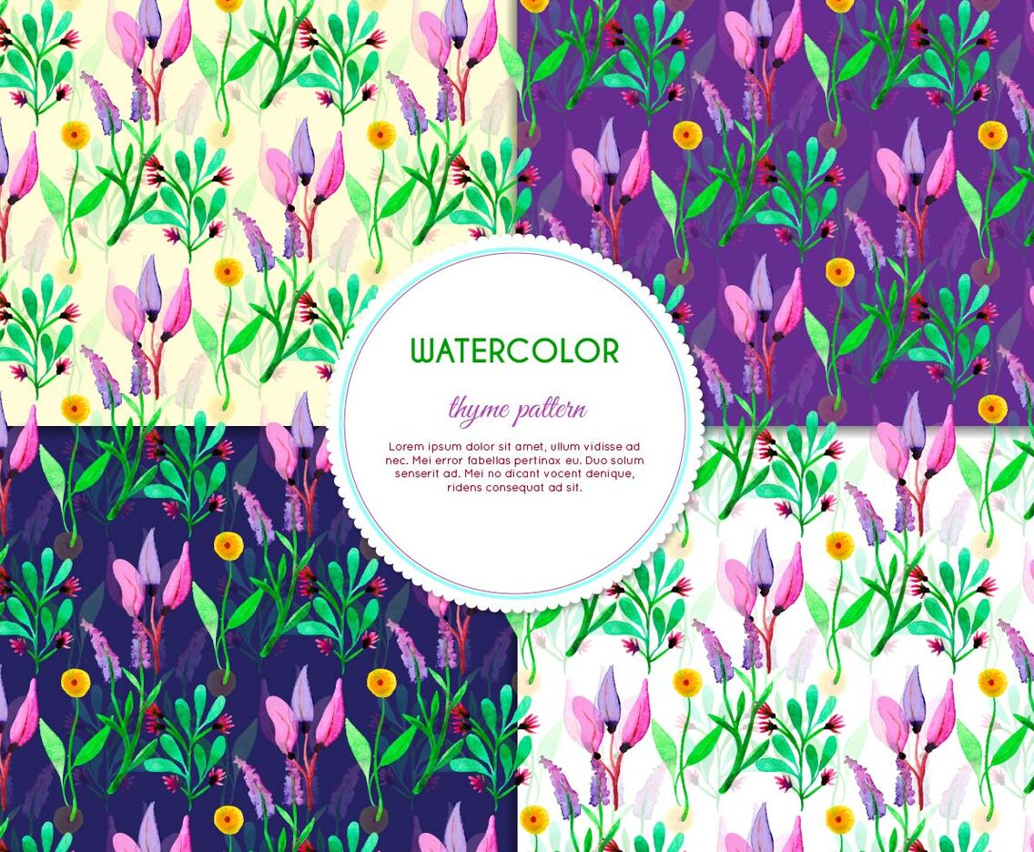 Purple Flower and Thyme Vector Patterns