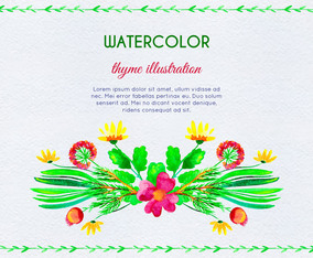 Watercolor Invitation With Thyme Flowers And Leaves