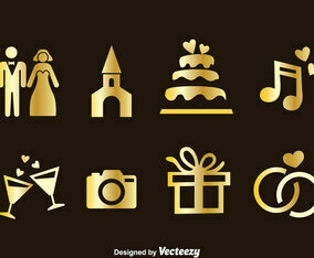 Wedding Element Golden Icons Vector