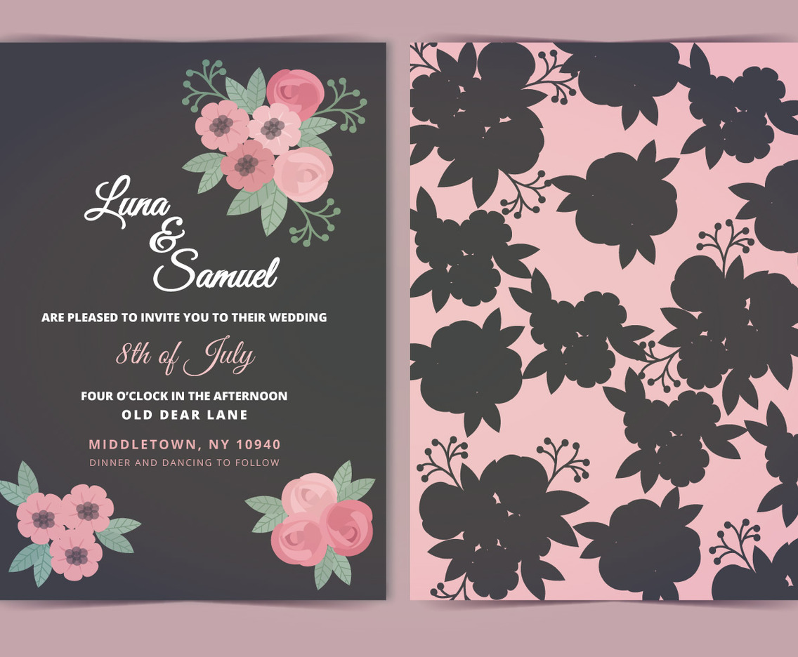 Vector Pink Gray Flower Wedding Invite