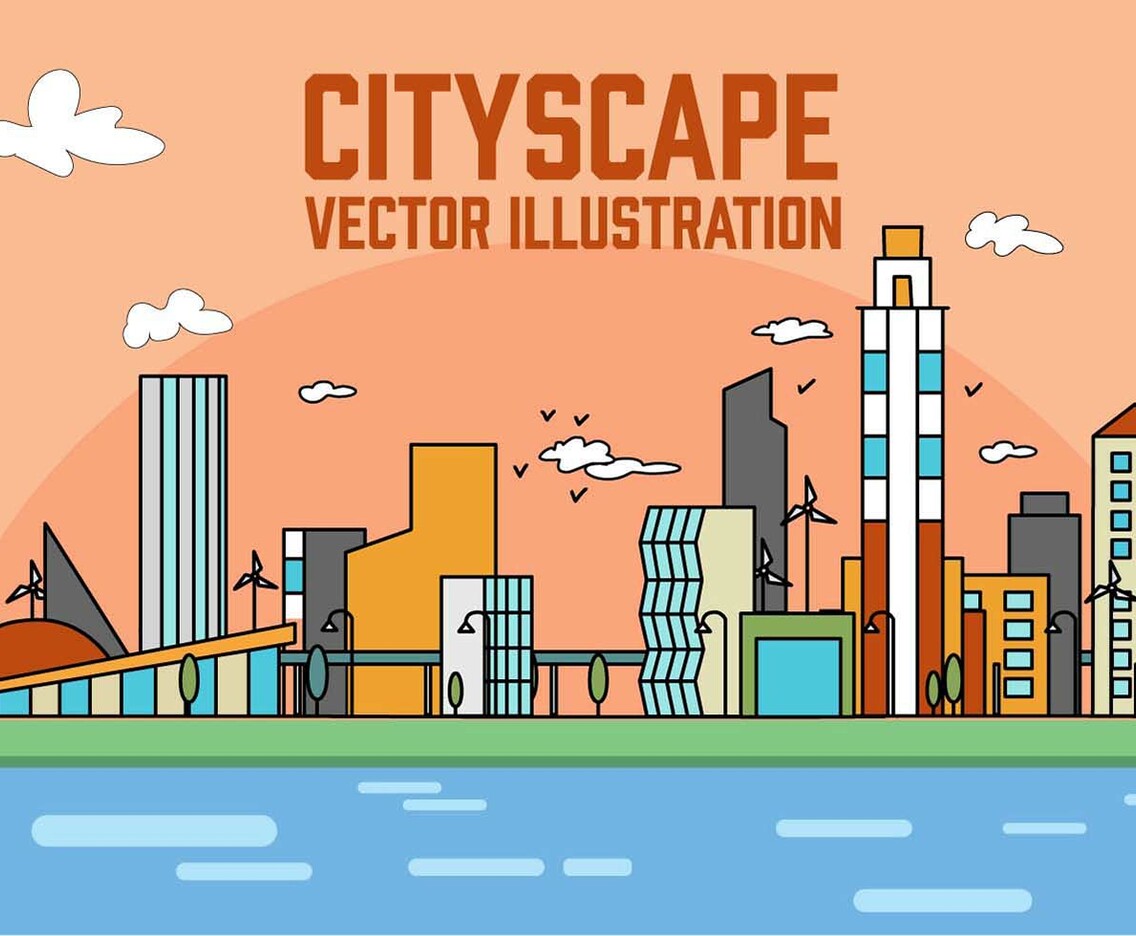 Free Peach Linear City Vector Illustration