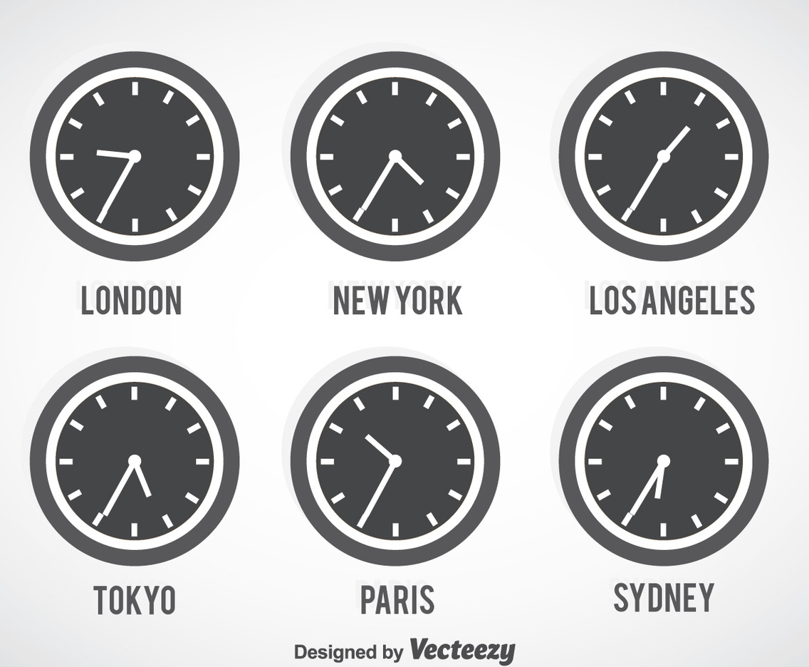 Time Zone Grey Clock Vector Set