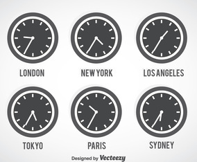 Time Zone Grey Clock Vector Set