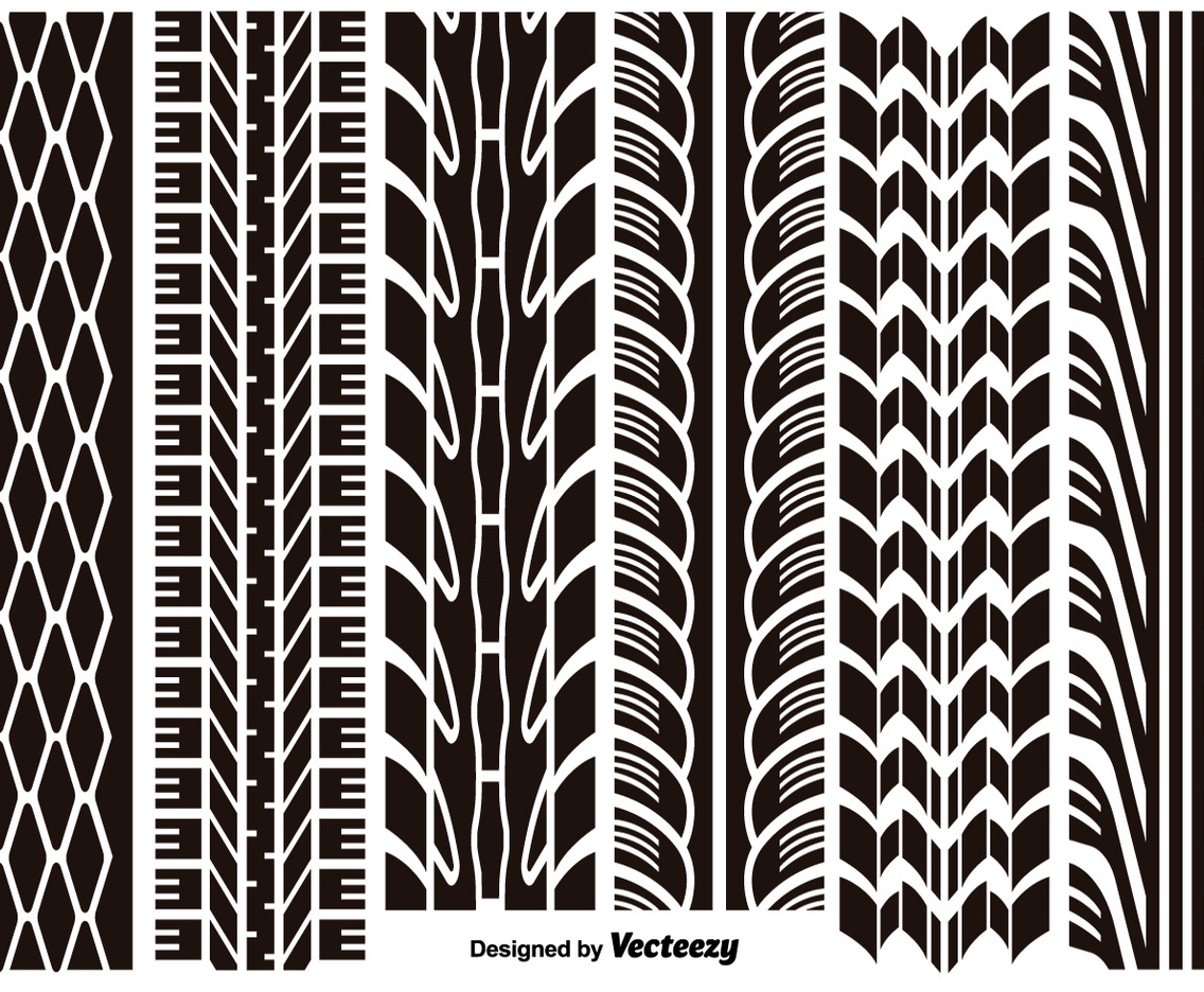 Set Of Six Vector Car Tire Track Isolated On White