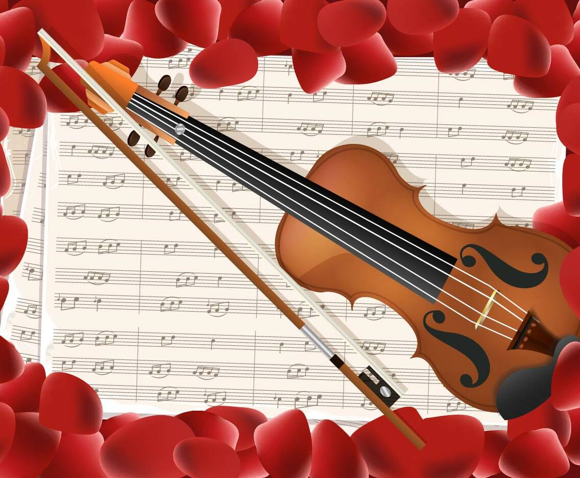 Violin With Notes Key And Red Petals Background