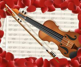 Violin With Notes Key And Red Petals Background