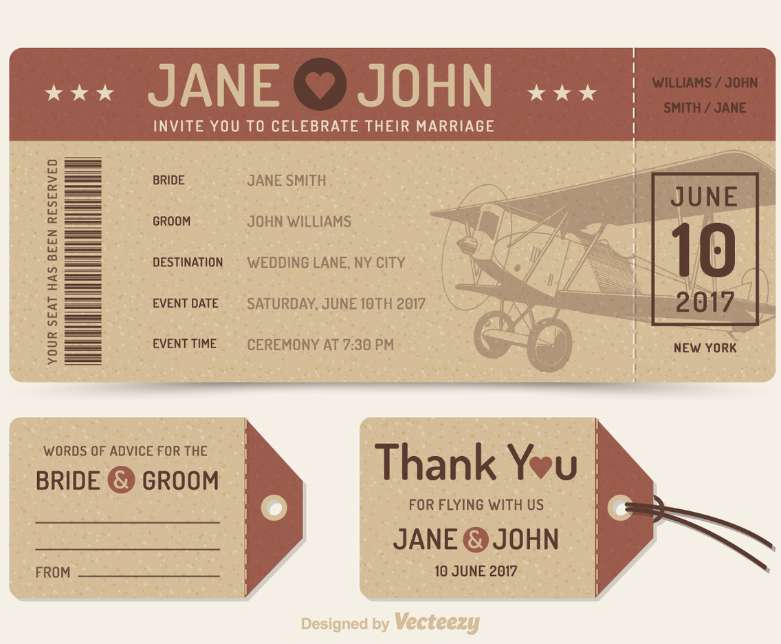 Free Vector Retro Wedding Plane Ticket
