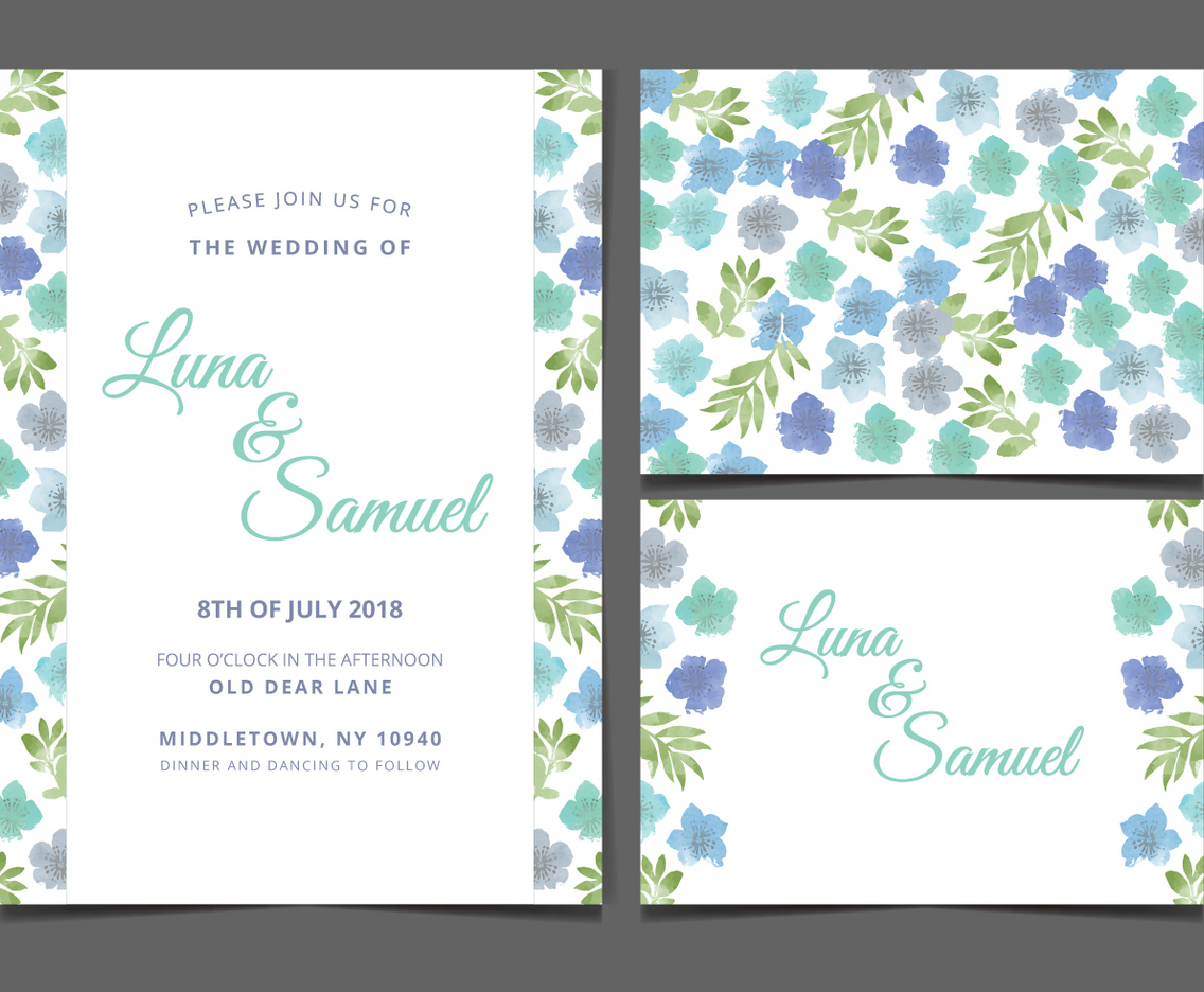 Vector Blue Floral Wedding Invite
