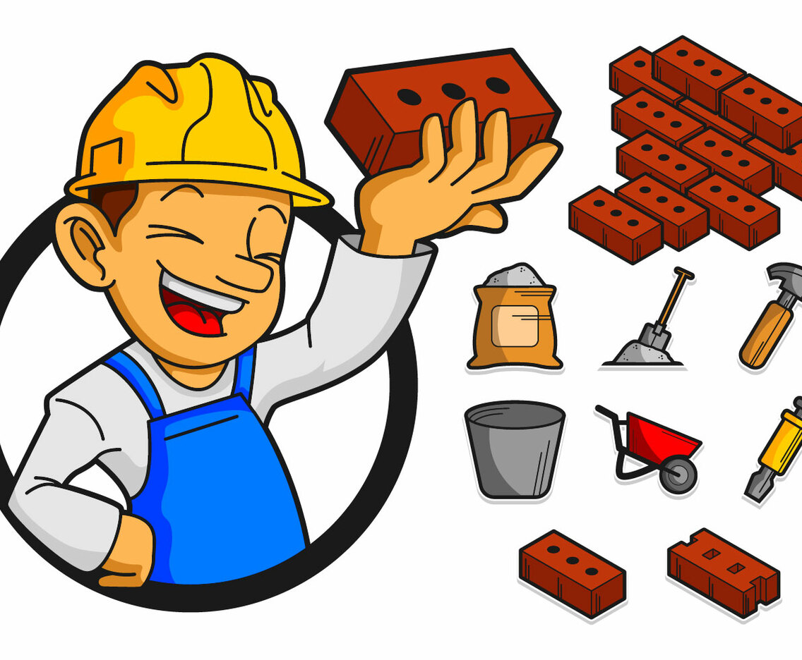 Bricklayer And Tools Icon Vector