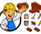 Bricklayer And Tools Icon Vector