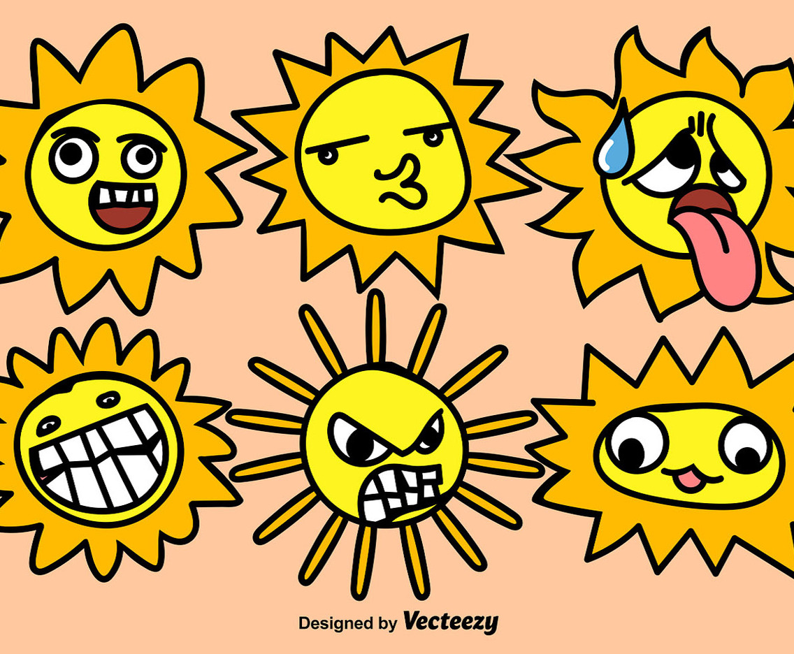 Set Of Funny Cartoon Suns With Faces
