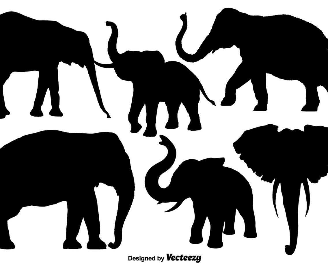Isolated Silhouettes Of Elephants - Vector