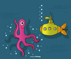Submarine and Octopus Vector
