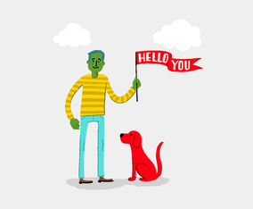 Green Man with Hello Banner Dog Vector