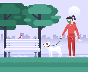 Woman Walking the Dog Wearing a Facemask