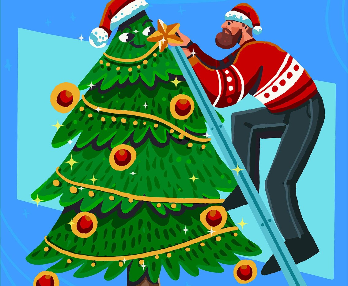 A Man Decorating A Wonderful Christmas Tree