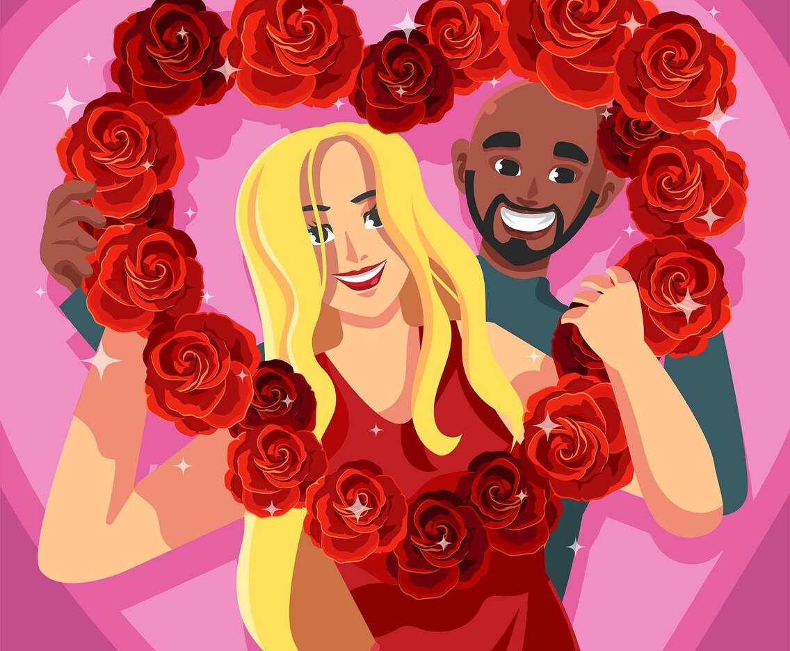 Happy Couple with Heart Shaped Flower Frame