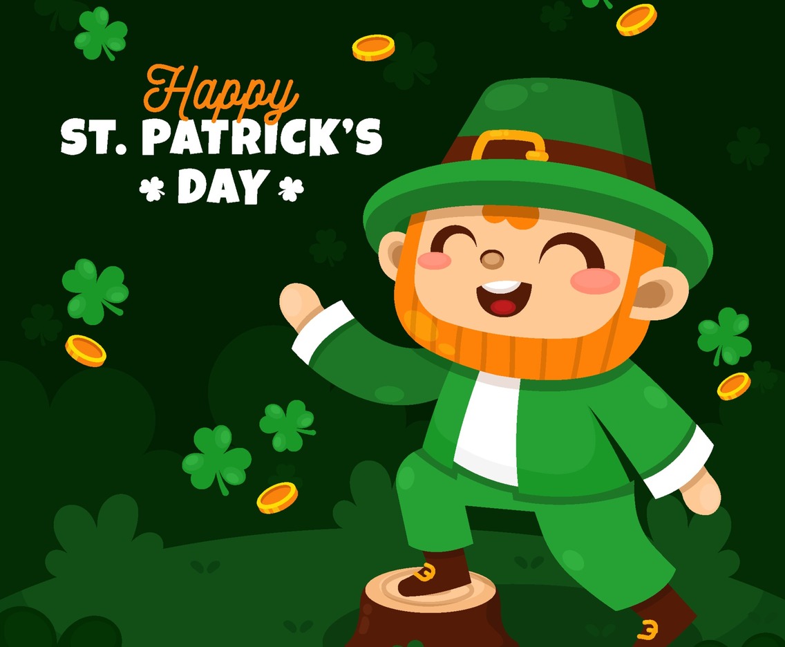 Happy Leprechaun Character in Clover and Gold Rain