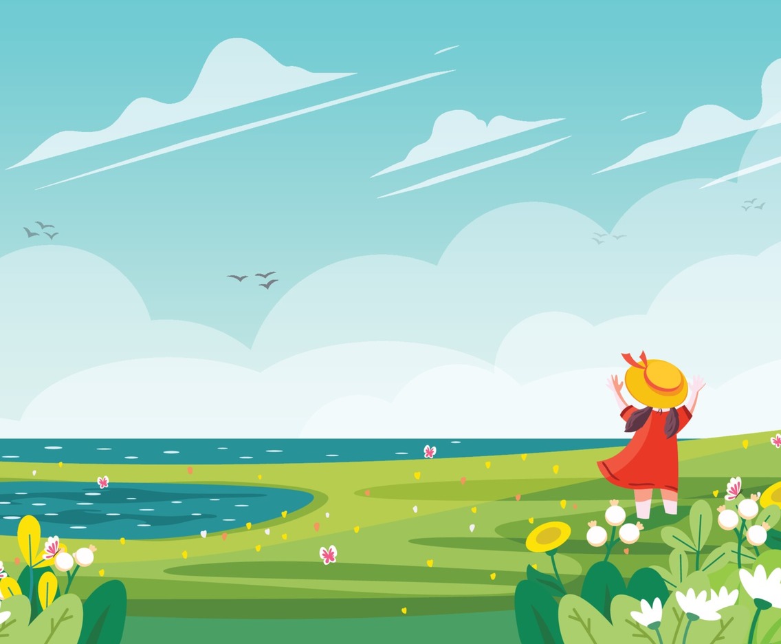 Little Girl with Beautiful Spring Landscape
