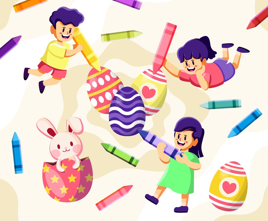 Children Drawing Easter Egg With Colorful Crayons