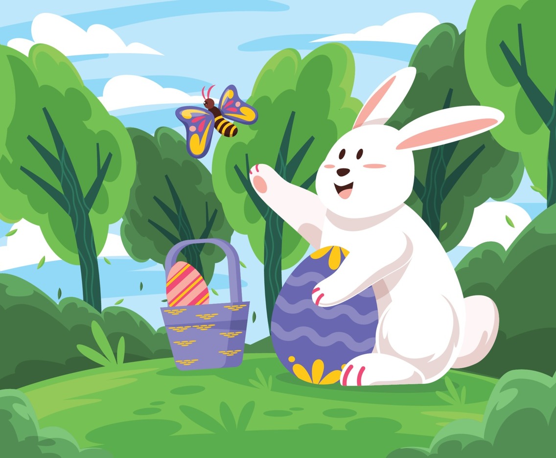 Easter Rabbit Playing With Butterfly