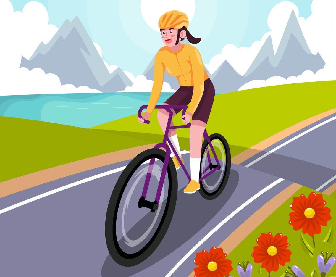 Happy Woman Riding Bicycle on Hill