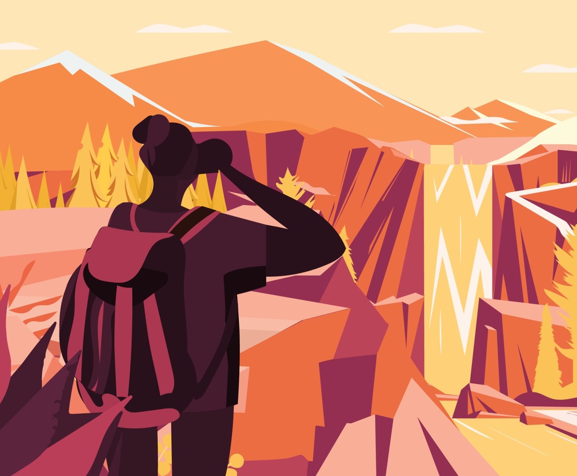 Hiker Take Photos of Mountain and Waterfall Concept