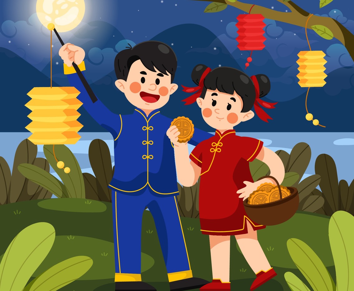 Children Celebrating Mid Autumn Festival with Mooncake and Lanterns