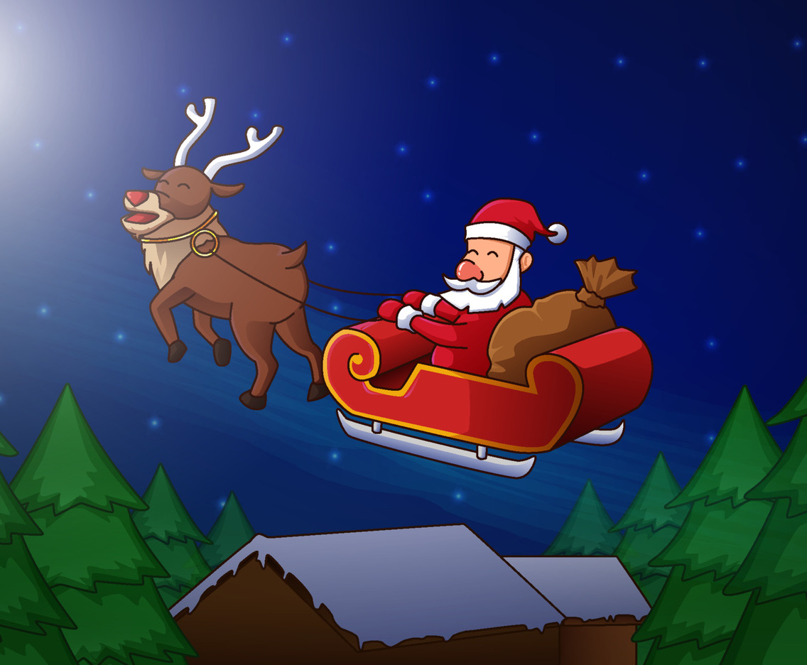 Santa Claus on Sleigh Brings Christmas Gifts