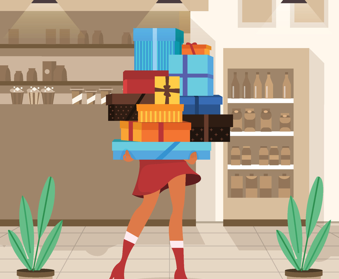 Woman Carry Stacks Of Christmas Gifts Concept