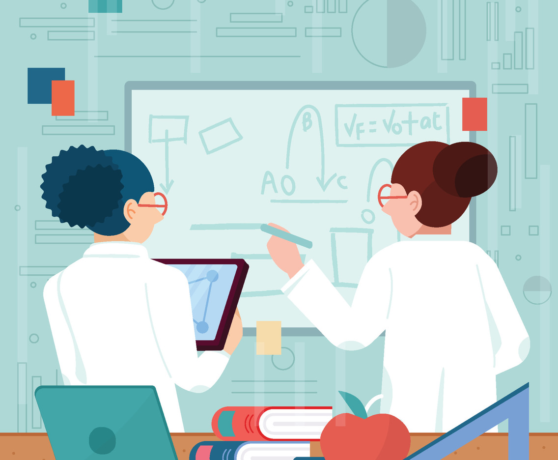 Two Scientists Working in Front of Whiteboard