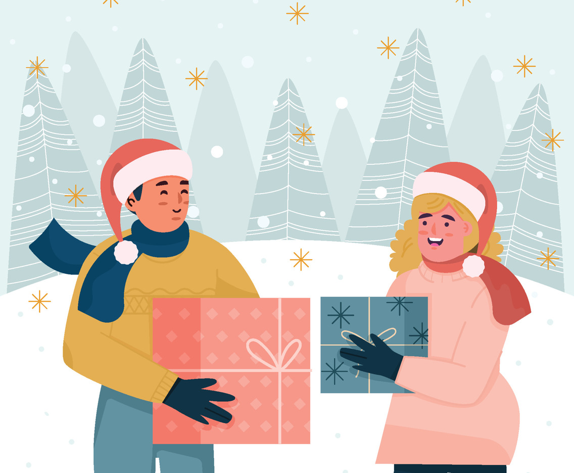 Couple Give Christmas Presents To Each Other Concept