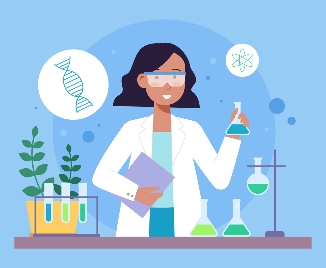 Scientist Woman in Lab Coat Holding Beaker Glass Analyzing