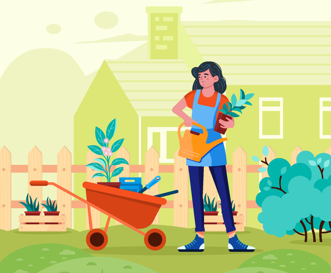 Woman Gardener Holding Plant And Watering Can Concept