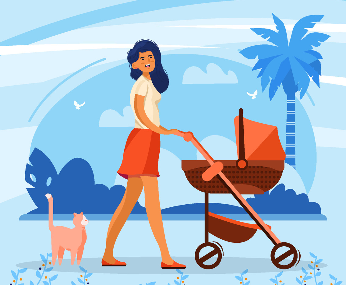 Mother Walking with Her Baby Cart Concept