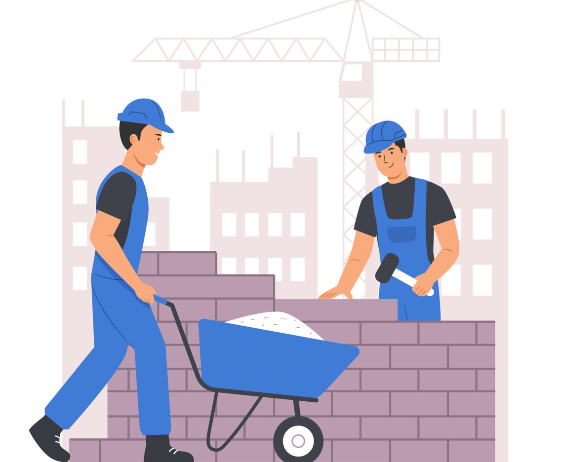 Construction Workers Installing Brick Wall